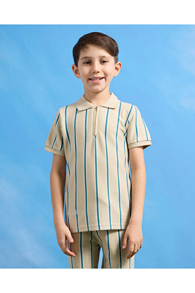 REDTAG Boys Beige Striped Polo Shirt And Shorts Set (2 Piece)