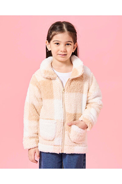 REDTAG Girls Beige Checkered Sweatshirt