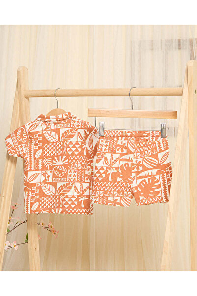 REDTAG Infant Boys Orange Printed Shirts And Short Set (2 Piece)