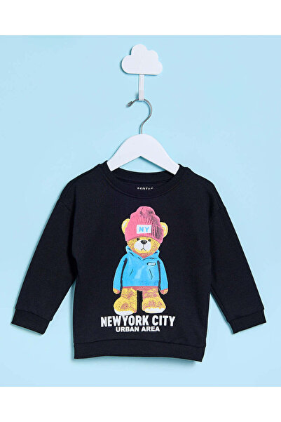 REDTAG Infant Boys Black Bear Printed Sweatshirt