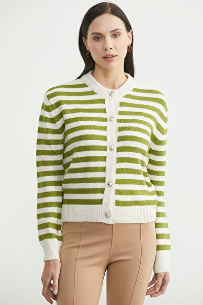 Sementa Striped Metal Button Knit Cardigan - Olive Green