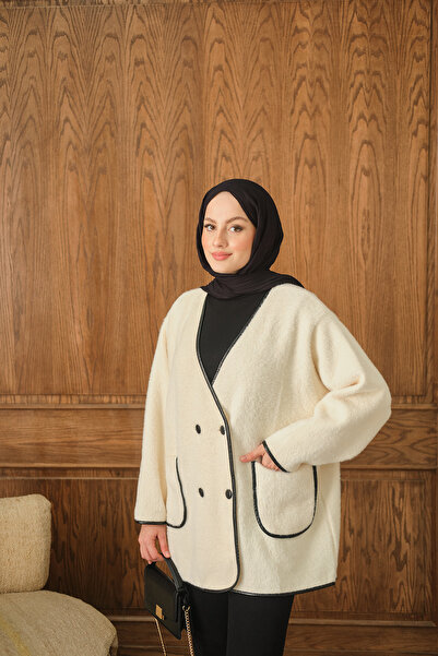 LOCCO Kadın Deri Detay Peluş Hırka Krem