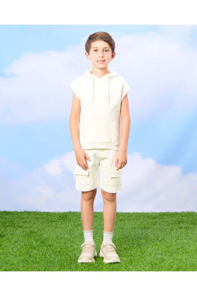 REDTAG Boys Cream Hooded T-Shirt And Shorts Casual Set (2 Piece)
