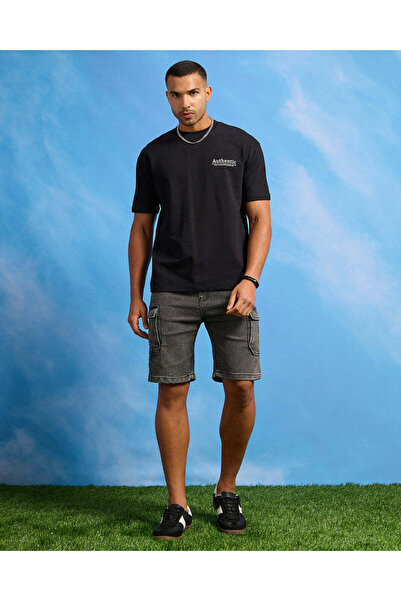 REDTAG Men Black Cargo Denim Shorts