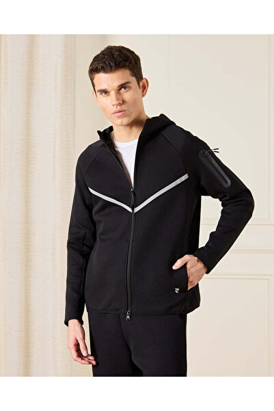 REDTAG Men Black Hooded Sports Sweatshirt