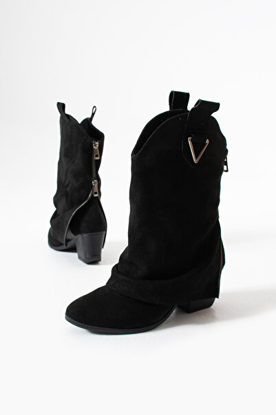 Gökçe Shoes Sayda Siyah Süet Fermuar Detay Kadın Western Topuklu Bot