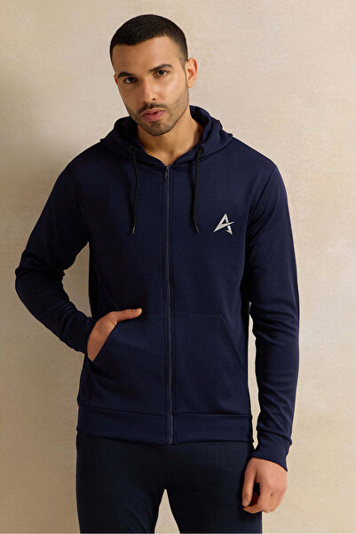 REDTAG Men Navy Hooded Active Sweatshirt