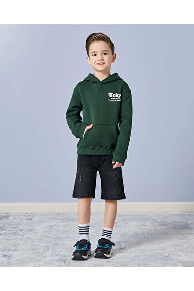 REDTAG Boys Olive Tiger Hooded With Kangaroo Pocket Sweatshirt