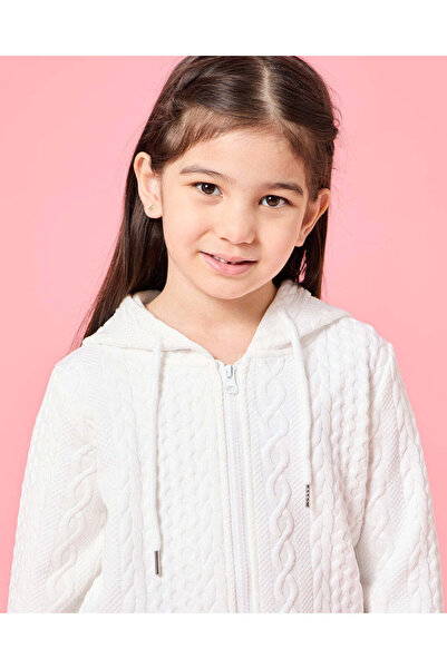 REDTAG Girls White Textured Hooded Sweatshirt