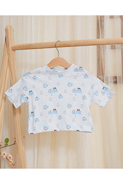 REDTAG Infant Girls Blue And White Cat Print Set (2 Piece)