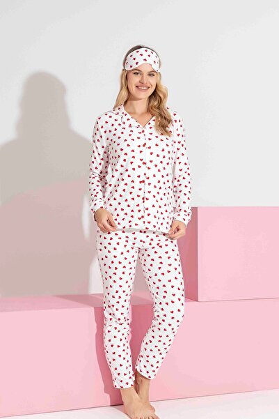 Tarık Women's Suede Shirt Collar Buttoned White Heart Pattern Long Sleeve Pajama Set
