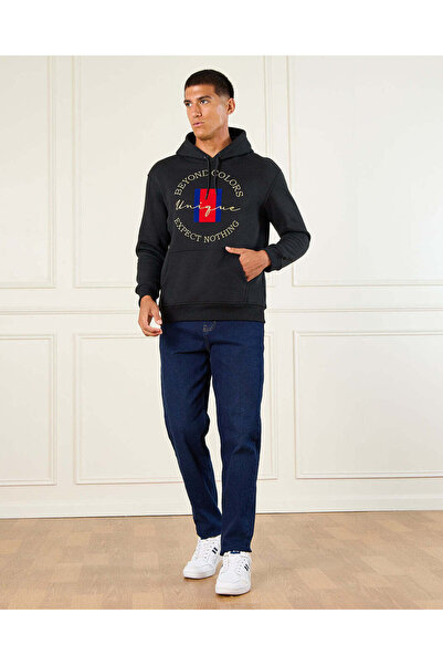 REDTAG Men Black Printed Hooded Sweatshirt