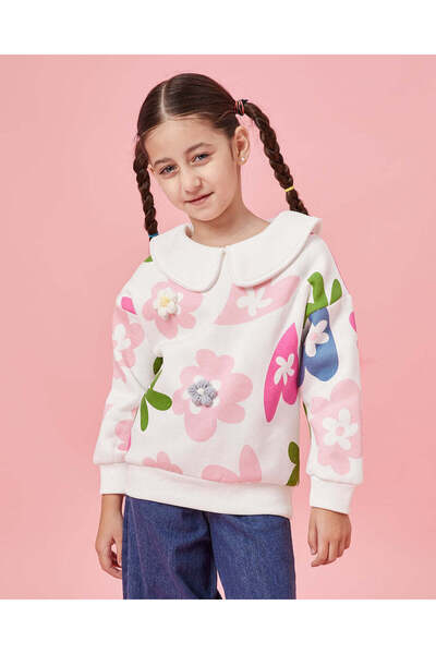 REDTAG Girls White 3D Flower Sweatshirt