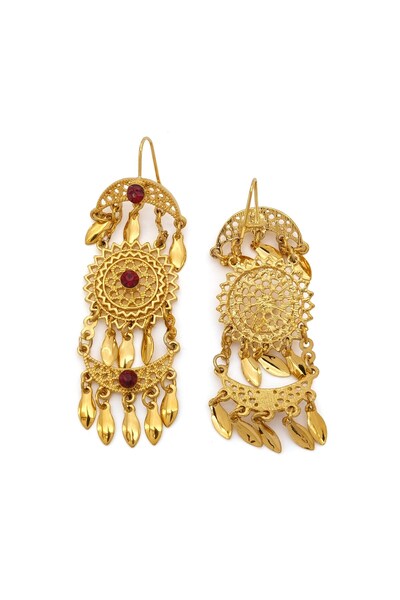 FerizZ Altın Kaplama Çelik Hint Model Kırmızı Taşlı Küpe UNK-825