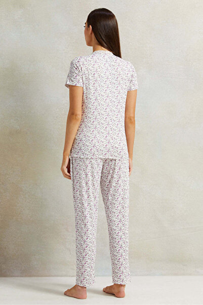 REDTAG Women White And Purple Floral Printed Pyjama Set (2 Piece)