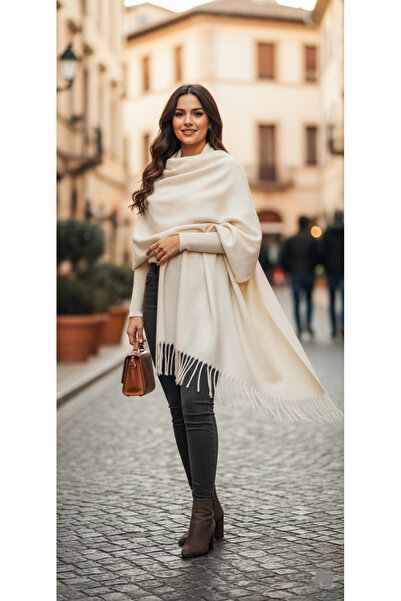 katalya Noir Fringe Shawl Tasseled Shawl - Beige