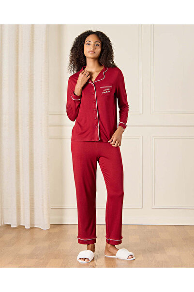 REDTAG Women Burgundy Collared Pyjama Set (2 Piece)