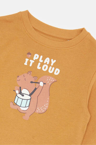 REDTAG Infant Boys White And Mustard Printed Sweatshirt Set (2 Piece)