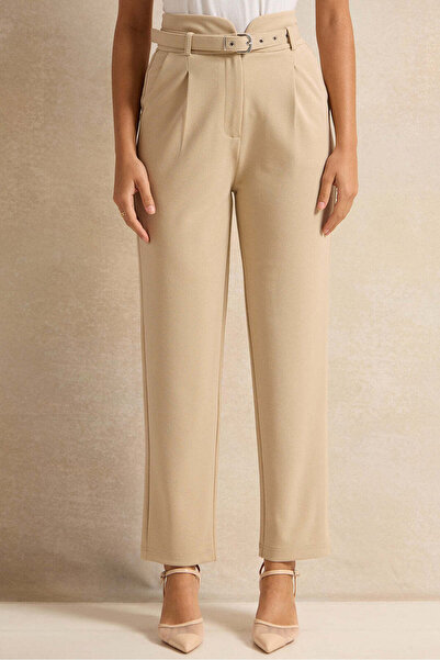 REDTAG Women Beige Belted Tapered Trousers