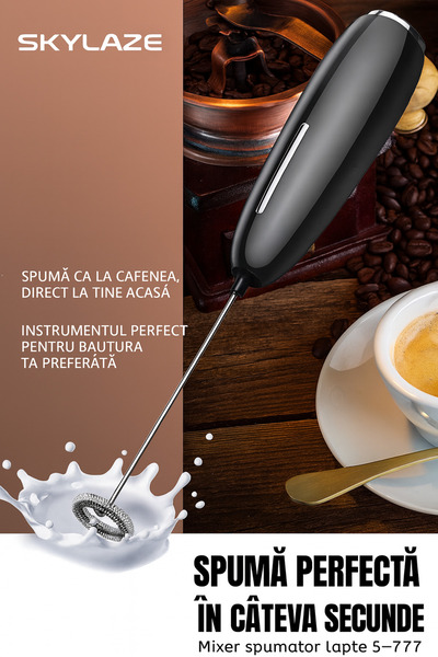 Skylaze Electric Milk Frother S-777, 16000 RPM, 3 Speeds, 3 Stainless Steel Heads, Support and Stand, Black