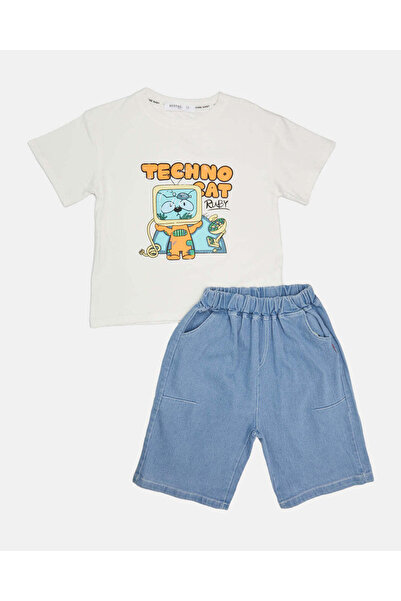 REDTAG طقم تي شيرت وشورت أزرق وأبيض للأولاد (قطعتين)