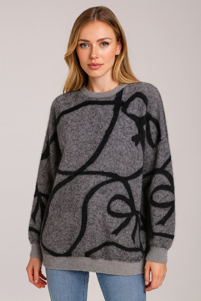 Minora Minoralady Ribbon Stripe Pattern Oversized Bearded Soft Textured Knitwear