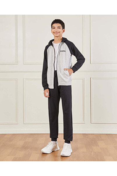 REDTAG Senior Boys Black And Grey Hooded Sweatshirt