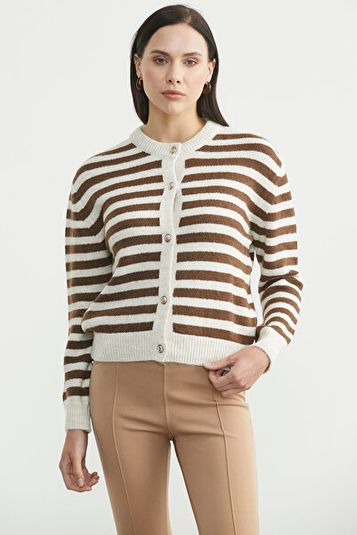 Sementa Striped Metal Button Knit Cardigan - Brown