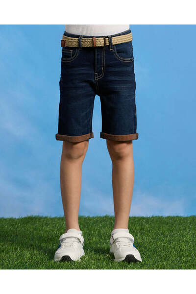 REDTAG Boys Navy Belted Denim Shorts