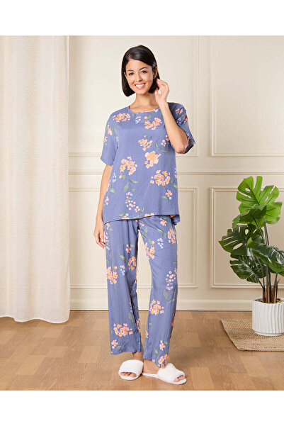 REDTAG Women Blue Floral Print Pyjama Set (2 Piece)