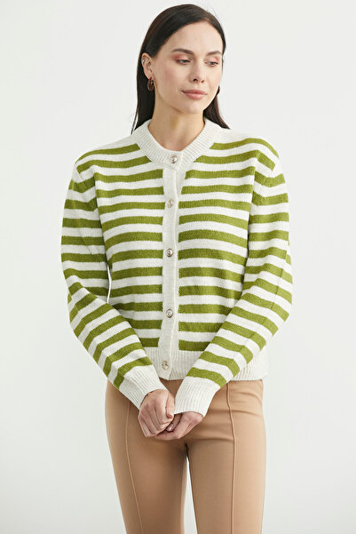 Sementa Striped Metal Button Knit Cardigan - Olive Green