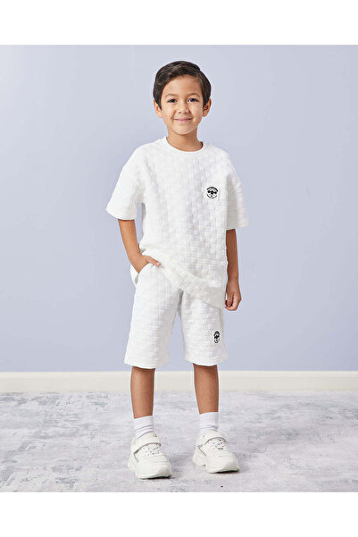 REDTAG Boys White Jacquard T-Shirt With Shorts Set (2 Piece)