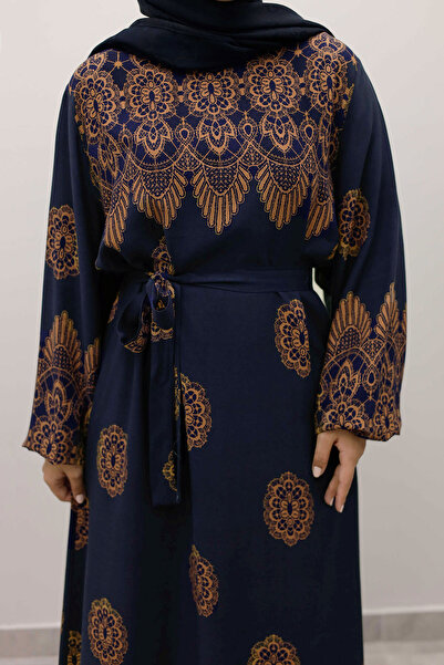 Tesettür Dünyası Φόρεμα από βισκόζη με σχέδιο πλακάκια TSD250237 Σκούρο μπλε