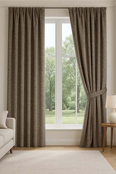 TÜLHOME Venüs Fon Perde Kahverengi V.5 PİLESİZ TEK KANAT ( Büzgü Ekstraforlu )