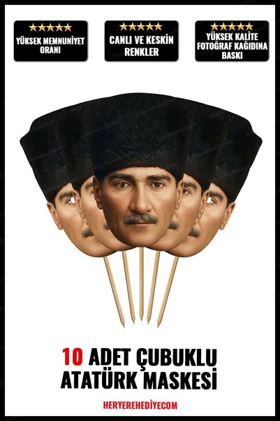 heryerehediye Ultra HD Çubuklu Kalpaklı Atatürk karton yüz maskesi, Kalın Kuş...