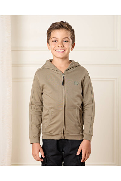 REDTAG Boys Olive Solid Hooded Sweatshirt