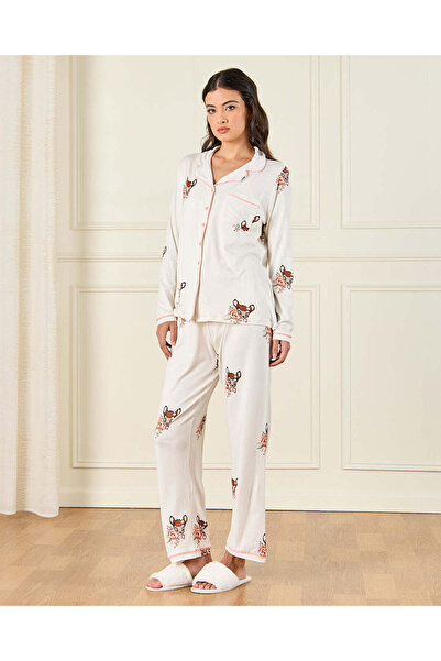 REDTAG Women Ivory Classic Printed Pyjama Set (2 Piece)