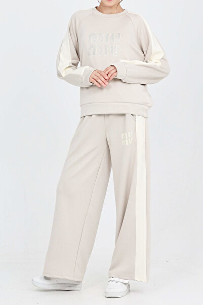 MODANINO Girl's Double Face Fabric Stripe Garni Detailed Top and Bottom Set 12302