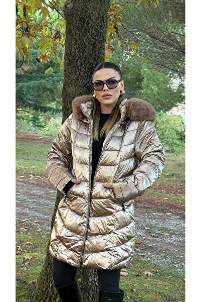 Şulenin Butiği ÖZEL SERİ KÜRK KAPŞONLU PARLAK ŞİŞME MONT GOLD