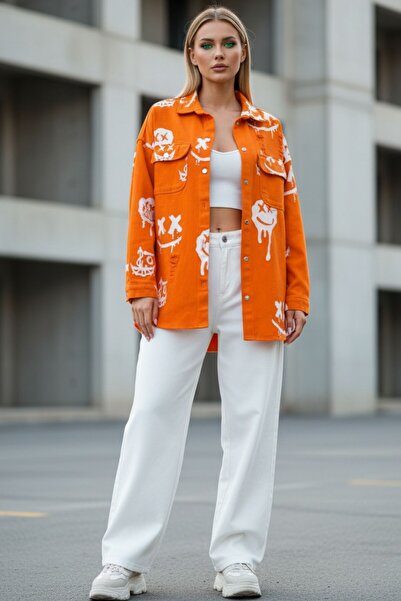 Kübra Tekstil Women's Oversized Orange Graffiti Printed Denim Jacket - Street Style Urban Jean Shirt Jacket