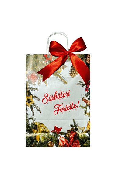 OEM Set of 25 - Large KRAFT Gift Bag, Red, Christmas Design with Satin Bow, 25x11x35 cm