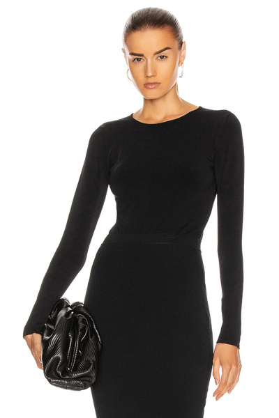 bysoca Kadın Siyah Bisiklet Yaka Uzun Kollu Sırt Dekolteli İpek Jarse Tanga Bodysuit