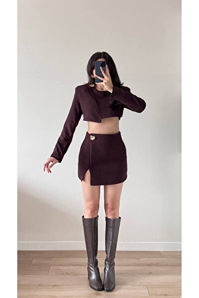 LOCH BUTİK Women's Brown Jacket Skirt Shorts Two-Piece Set