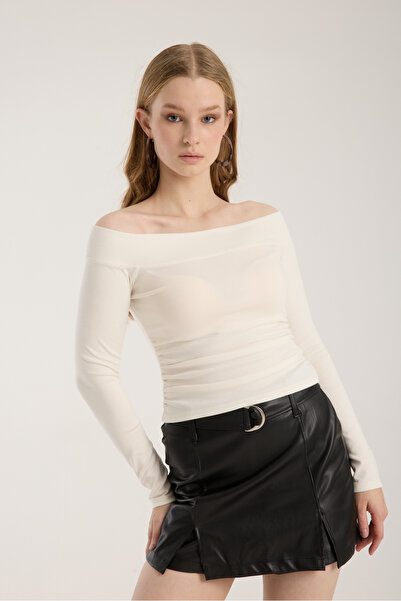 Kallisto Ecru Boat Neck Bell Draped Long Sleeve Modal Blouse