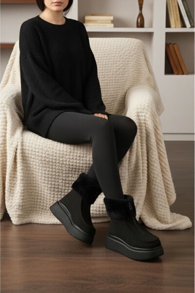 LETAO Жіночі чорні замшеві черевики на товстій підошві з хутряними деталями та застібкою-блискавкою
