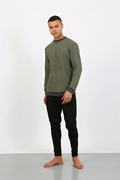 alfa expres Clothing Men's Long Sleeve Cuffed Leg Combed Cotton Pajama Set Khaki