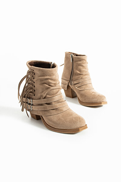 Gökçe Shoes Atian Koyu Bej Süet Püskül Detay Kadın Western Bot