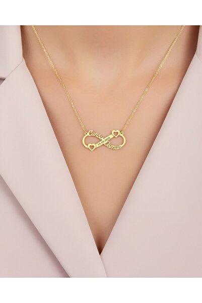 İNDİGO TAKI Kalpli İki İsimli Tarihli Sonsuzluk 14 Ayar Altın Kolye