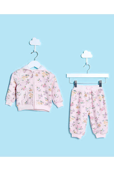 REDTAG بدلة رياضية مطبوعة بالكامل بالزهور باللون الوردي للبنات الرضع (قطعتان)
