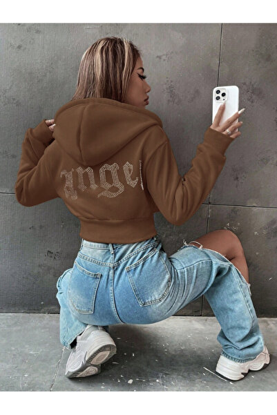 MOONBULL Women's Angel Stone Back Printed Hooded Zippered Crop Sweatshirt